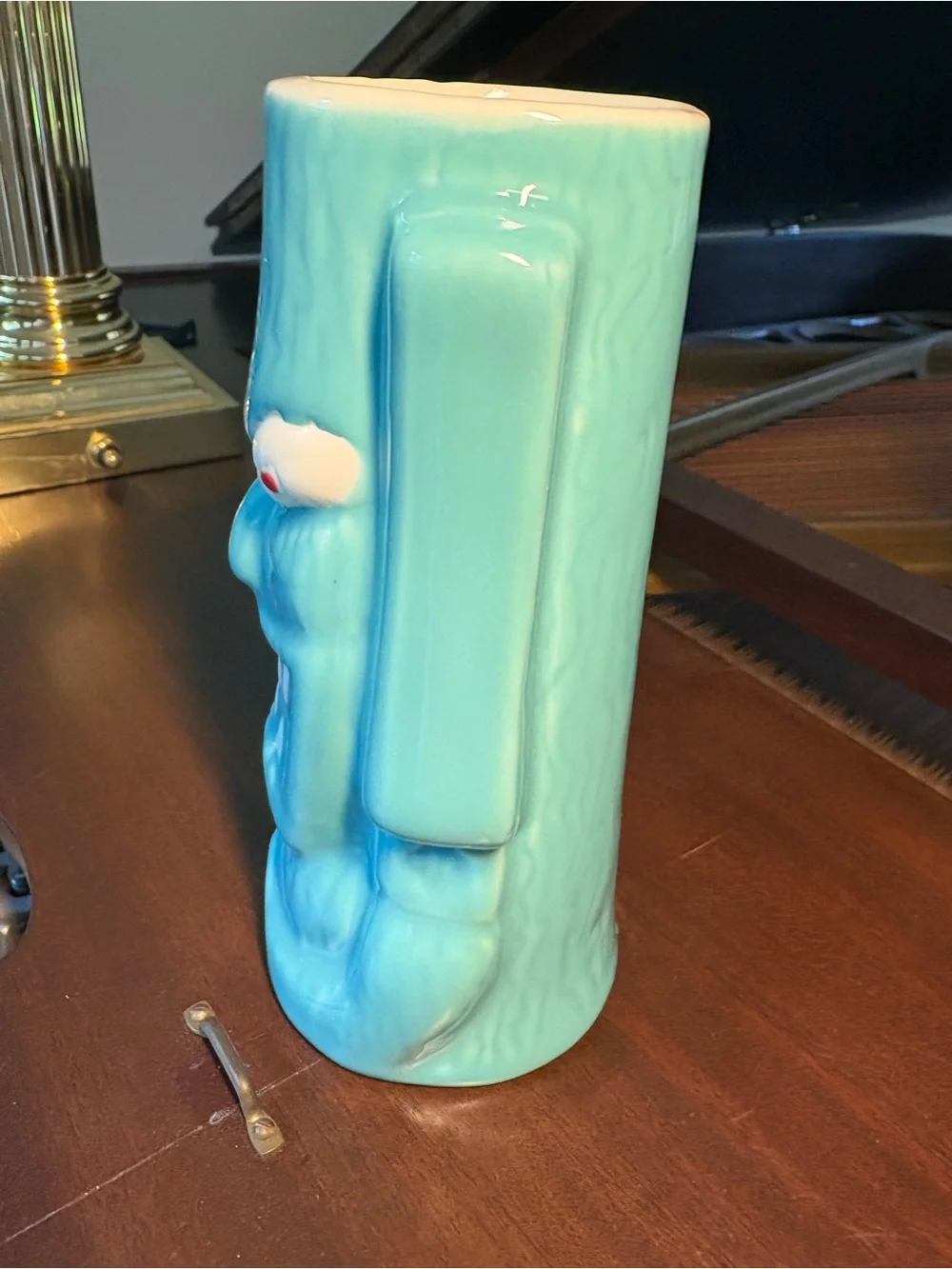 RARE Turquoise Tiki Lin Ceramic Pottery Tiki Mug Totem Face Red Eyes